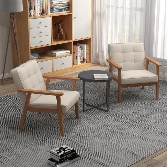 Alt view image 2 of 7 - Mid-Century Modern Linen Fabric Accent Chair Set of 2, Upholstered Tufted Leisure Chair Comfy Reading Side Chair with Armrest and Solid Wood Frame for Living Room Bedroom Balcony(Beige)