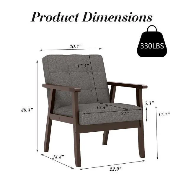 Alt view image 3 of 7 - Mid-Century Modern Linen Fabric Accent Chair Set of 2, Upholstered Tufted Leisure Chair Comfy Reading Side Chairs with Armrest and Solid Wood Frame for Living Room Bedroom Balcony(Gray)