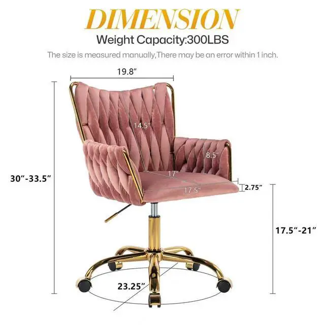 Alt view image 3 of 7 - Modern Velvet Home Office Desk Chair with Hand Woven Backrest, Upholstered Adjustable Makeup Vanity Chair with Armrest and Golden Metal Base with Wheels for Living Room Bedroom Study(Rose)