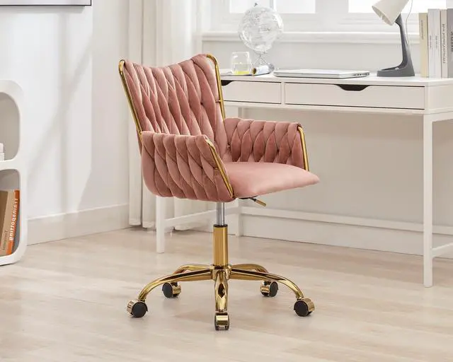 Alt view image 2 of 7 - Modern Velvet Home Office Desk Chair with Hand Woven Backrest, Upholstered Adjustable Makeup Vanity Chair with Armrest and Golden Metal Base with Wheels for Living Room Bedroom Study(Rose)