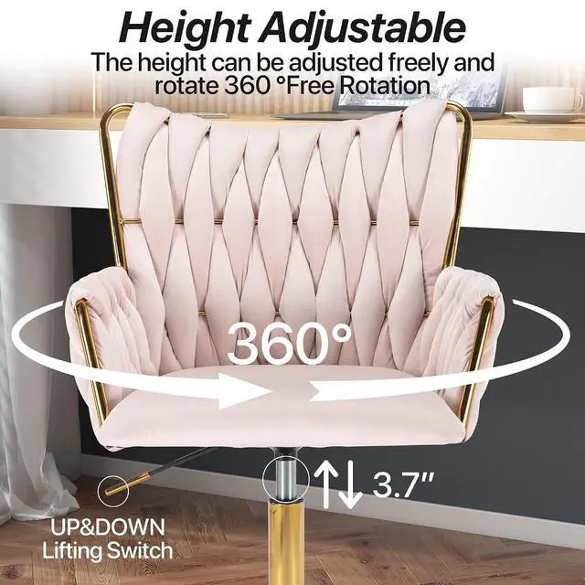 Alt view image 3 of 7 - Modern Velvet Home Office Desk Chair with Hand Woven Backrest, Upholstered Adjustable Makeup Vanity Chair with Armrest and Golden Metal Base with Wheels for Living Room Bedroom Study(Light Pink)