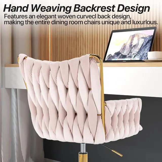 Alt view image 4 of 7 - Modern Velvet Home Office Desk Chair with Hand Woven Backrest, Upholstered Adjustable Makeup Vanity Chair with Armrest and Golden Metal Base with Wheels for Living Room Bedroom Study(Light Pink)