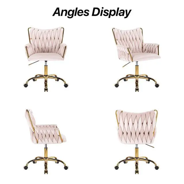 Alt view image 7 of 7 - Modern Velvet Home Office Desk Chair with Hand Woven Backrest, Upholstered Adjustable Makeup Vanity Chair with Armrest and Golden Metal Base with Wheels for Living Room Bedroom Study(Light Pink)