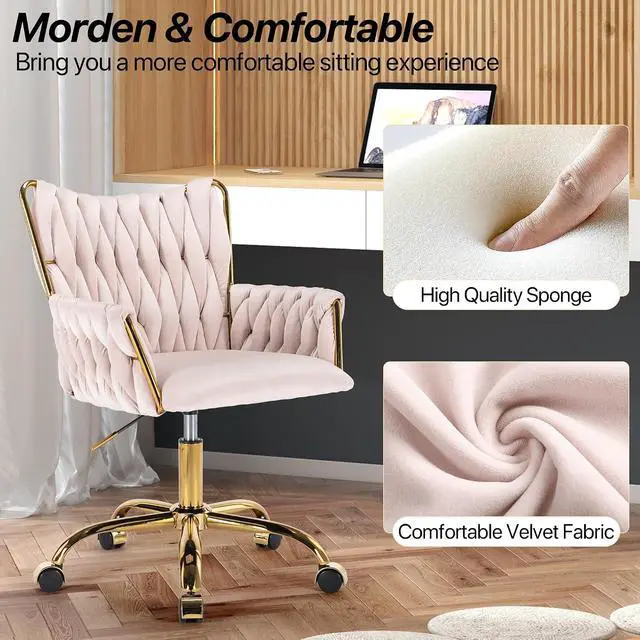 Alt view image 5 of 7 - Modern Velvet Home Office Desk Chair with Hand Woven Backrest, Upholstered Adjustable Makeup Vanity Chair with Armrest and Golden Metal Base with Wheels for Living Room Bedroom Study(Light Pink)