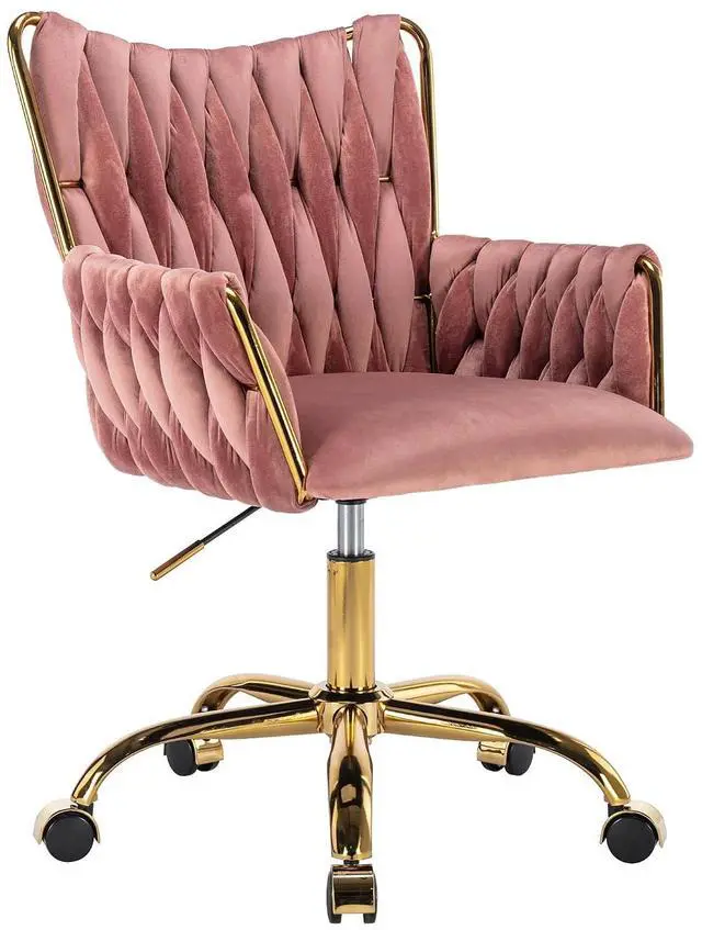 Main image of Modern Velvet Home Office Desk Chair with Hand Woven Backrest, Upholstered Adjustable Makeup Vanity Chair with Armrest and Golden Metal Base with Wheels for Living Room Bedroom Study(Rose)
