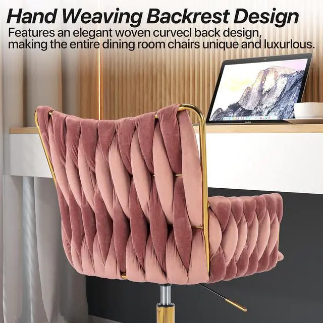 Alt view image 5 of 7 - Modern Velvet Home Office Desk Chair with Hand Woven Backrest, Upholstered Adjustable Makeup Vanity Chair with Armrest and Golden Metal Base with Wheels for Living Room Bedroom Study(Rose)