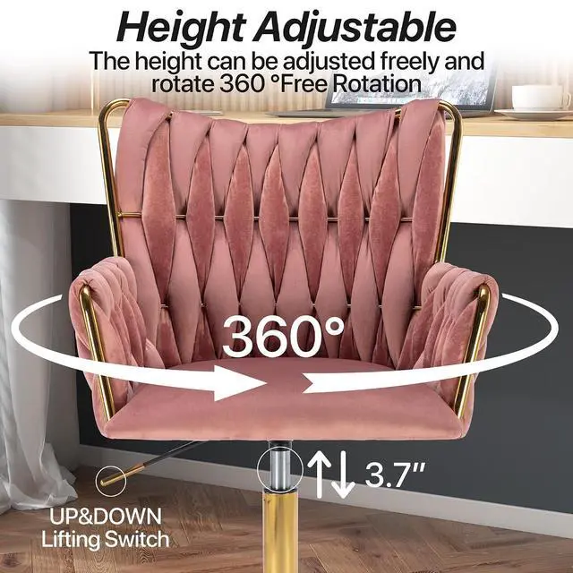 Alt view image 4 of 7 - Modern Velvet Home Office Desk Chair with Hand Woven Backrest, Upholstered Adjustable Makeup Vanity Chair with Armrest and Golden Metal Base with Wheels for Living Room Bedroom Study(Rose)