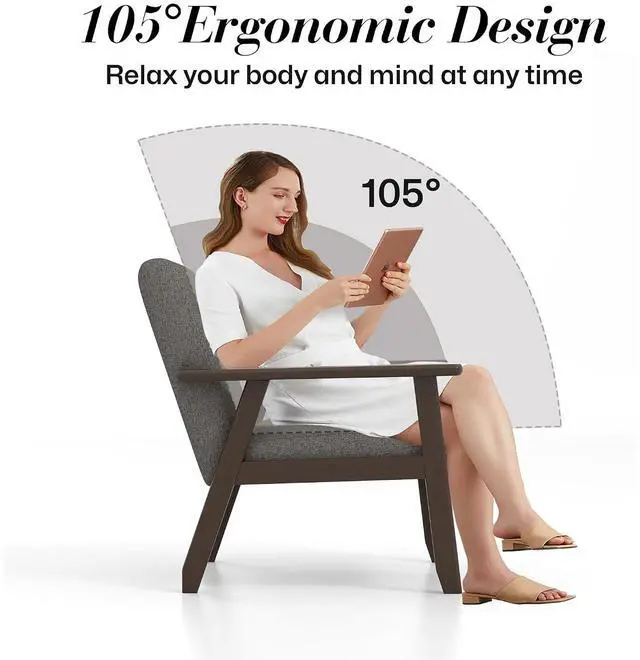 Alt view image 4 of 7 - Mid-Century Modern Linen Fabric Accent Chair, Upholstered Leisure Chair Comfy Reading Side Chair with Armrest and Solid Wood Frame for Living Room Bedroom Balcony(Gray)