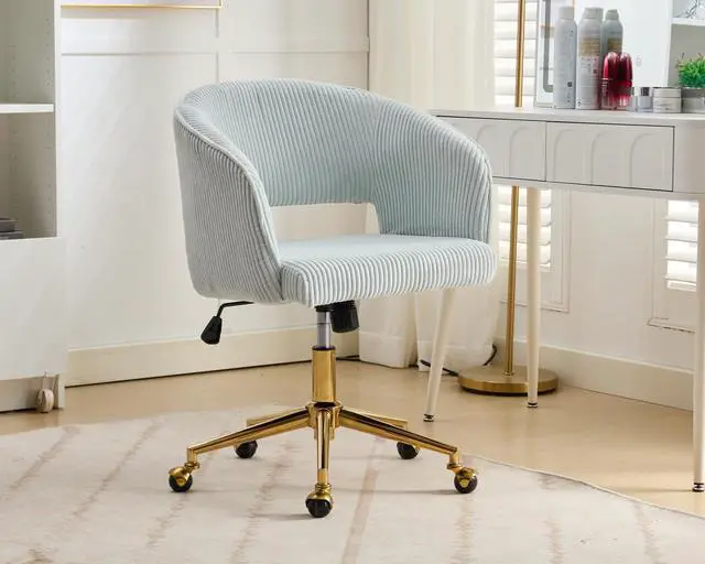 Alt view image 2 of 7 - Home Office Chair Swivel Desk Chair Accent Armchair Upholstered Modern Tufted Chairs with Gold Base for Girls Women Ergonomic Study Seat Computer Task Stools, with Wheels, Corduroy,Light Blue