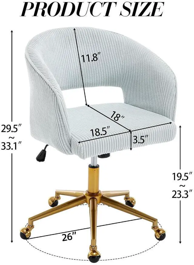 Alt view image 3 of 7 - Home Office Chair Swivel Desk Chair Accent Armchair Upholstered Modern Tufted Chairs with Gold Base for Girls Women Ergonomic Study Seat Computer Task Stools, with Wheels, Corduroy,Light Blue