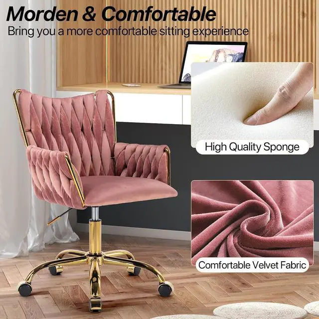 Alt view image 6 of 7 - Modern Velvet Home Office Desk Chair with Hand Woven Backrest, Upholstered Adjustable Makeup Vanity Chair with Armrest and Golden Metal Base with Wheels for Living Room Bedroom Study(Rose)