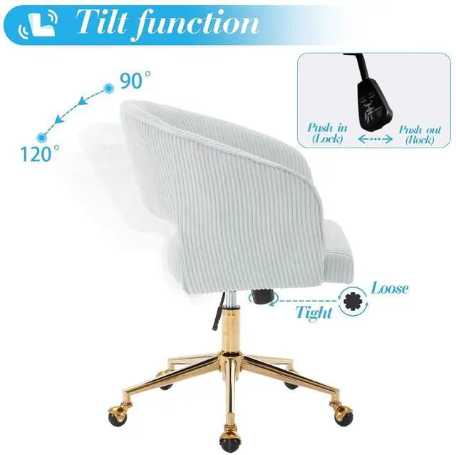 Alt view image 5 of 7 - Home Office Chair Swivel Desk Chair Accent Armchair Upholstered Modern Tufted Chairs with Gold Base for Girls Women Ergonomic Study Seat Computer Task Stools, with Wheels, Corduroy,Light Blue