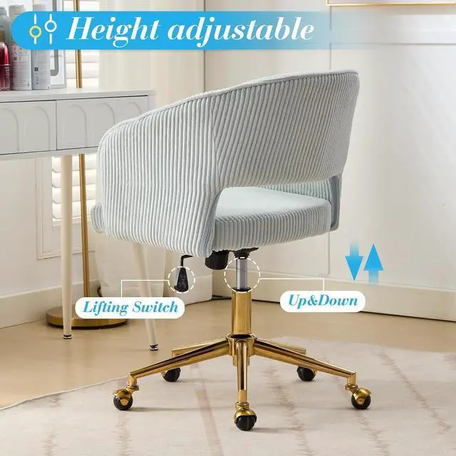 Alt view image 4 of 7 - Home Office Chair Swivel Desk Chair Accent Armchair Upholstered Modern Tufted Chairs with Gold Base for Girls Women Ergonomic Study Seat Computer Task Stools, with Wheels, Corduroy,Light Blue