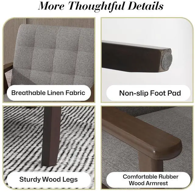Alt view image 7 of 7 - Mid-Century Modern Linen Fabric Accent Chair, Upholstered Leisure Chair Comfy Reading Side Chair with Armrest and Solid Wood Frame for Living Room Bedroom Balcony(Gray)