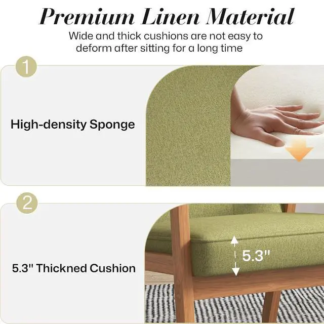 Alt view image 6 of 7 - Mid-Century Modern Linen Fabric Accent Chair, Upholstered Tufted Leisure Chair Comfy Reading Side Chair with Armrest and Solid Wood Frame for Living Room Bedroom Balcony(Green)