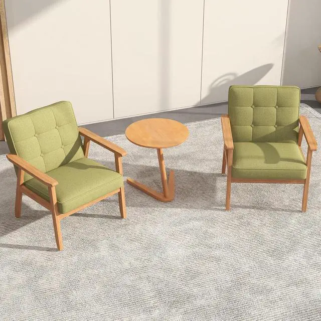 Alt view image 3 of 7 - Mid-Century Modern Linen Fabric Accent Chair, Upholstered Tufted Leisure Chair Comfy Reading Side Chair with Armrest and Solid Wood Frame for Living Room Bedroom Balcony(Green)