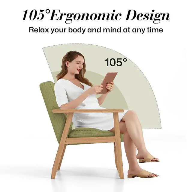 Alt view image 4 of 7 - Mid-Century Modern Linen Fabric Accent Chair, Upholstered Tufted Leisure Chair Comfy Reading Side Chair with Armrest and Solid Wood Frame for Living Room Bedroom Balcony(Green)