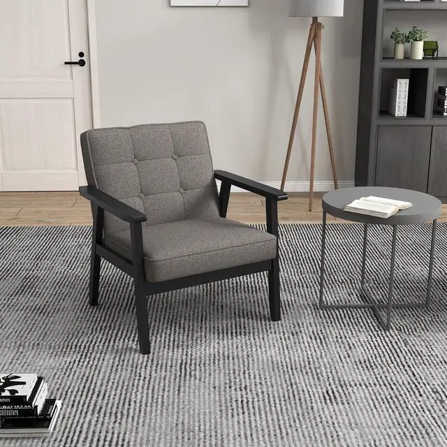 Alt view image 2 of 7 - Mid-Century Modern Linen Fabric Accent Chair, Upholstered Tufted Leisure Chair Comfy Reading Side Chair with Armrest and Solid Wood Frame for Living Room Bedroom Balcony(Gray)