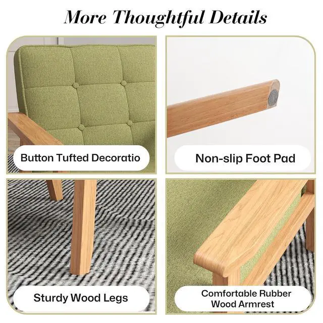 Alt view image 7 of 7 - Mid-Century Modern Linen Fabric Accent Chair, Upholstered Tufted Leisure Chair Comfy Reading Side Chair with Armrest and Solid Wood Frame for Living Room Bedroom Balcony(Green)
