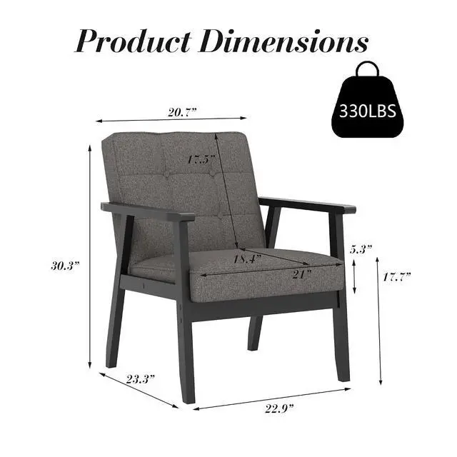 Alt view image 3 of 7 - Mid-Century Modern Linen Fabric Accent Chair, Upholstered Tufted Leisure Chair Comfy Reading Side Chair with Armrest and Solid Wood Frame for Living Room Bedroom Balcony(Gray)