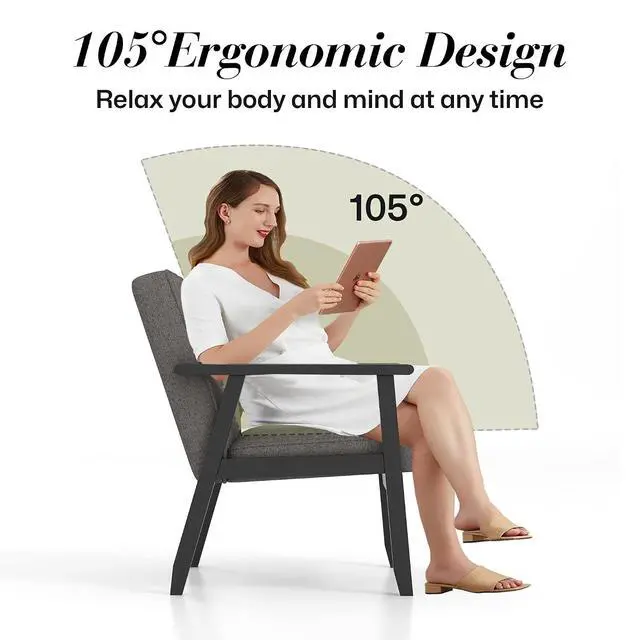 Alt view image 4 of 7 - Mid-Century Modern Linen Fabric Accent Chair, Upholstered Tufted Leisure Chair Comfy Reading Side Chair with Armrest and Solid Wood Frame for Living Room Bedroom Balcony(Gray)