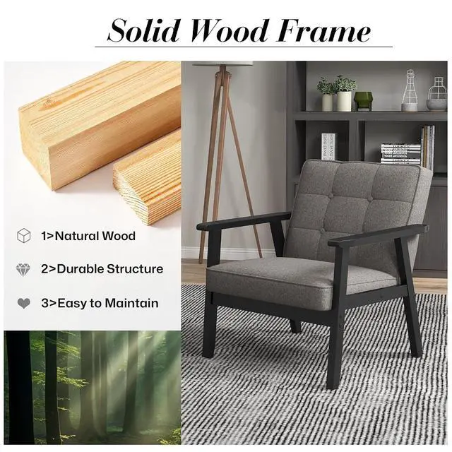 Alt view image 7 of 7 - Mid-Century Modern Linen Fabric Accent Chair, Upholstered Tufted Leisure Chair Comfy Reading Side Chair with Armrest and Solid Wood Frame for Living Room Bedroom Balcony(Gray)