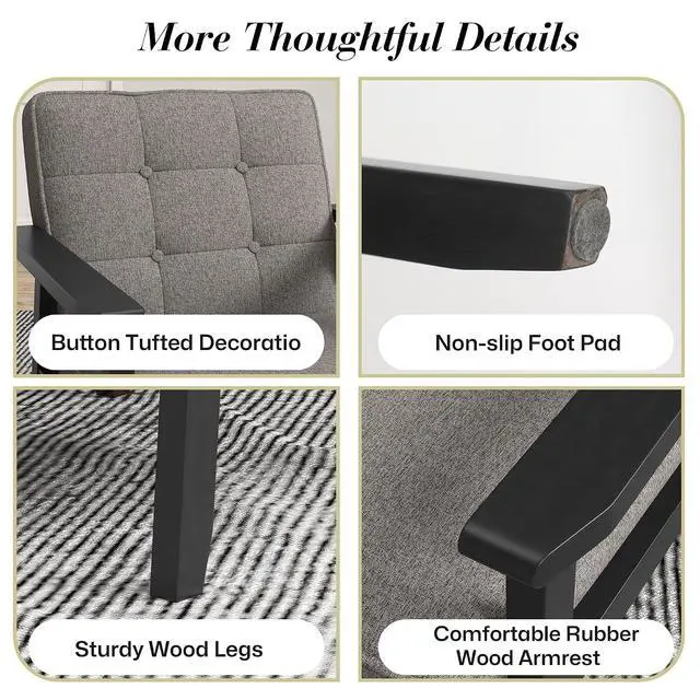 Alt view image 6 of 7 - Mid-Century Modern Linen Fabric Accent Chair, Upholstered Tufted Leisure Chair Comfy Reading Side Chair with Armrest and Solid Wood Frame for Living Room Bedroom Balcony(Gray)