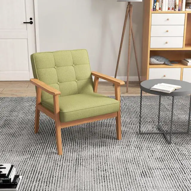 Alt view image 2 of 7 - Mid-Century Modern Linen Fabric Accent Chair, Upholstered Tufted Leisure Chair Comfy Reading Side Chair with Armrest and Solid Wood Frame for Living Room Bedroom Balcony(Green)