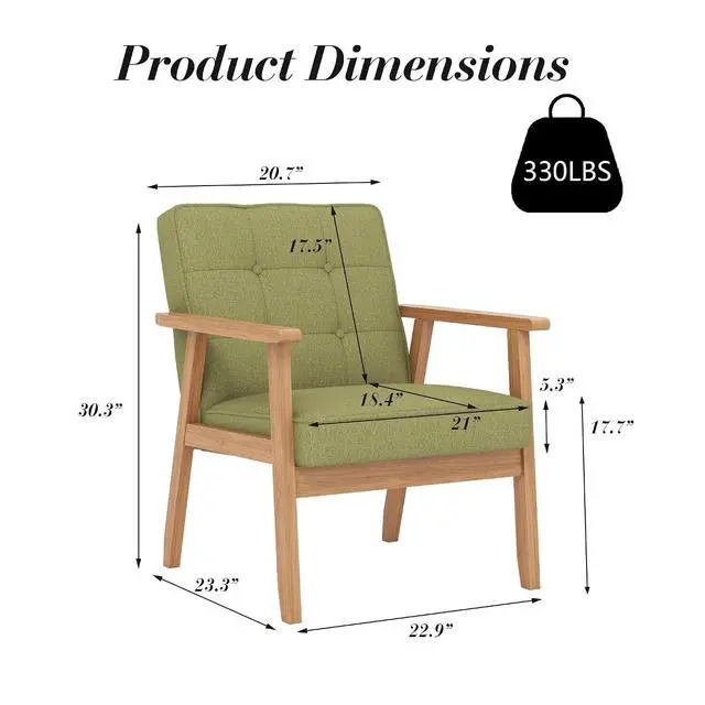 Alt view image 3 of 7 - Mid-Century Modern Linen Fabric Accent Chair Set of 2, Upholstered Tufted Leisure Chair Comfy Reading Side Chair with Armrest and Solid Wood Frame for Living Room Bedroom Balcony(Green)