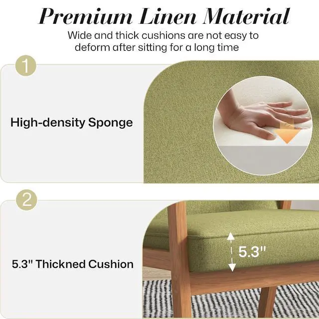 Alt view image 5 of 7 - Mid-Century Modern Linen Fabric Accent Chair Set of 2, Upholstered Tufted Leisure Chair Comfy Reading Side Chair with Armrest and Solid Wood Frame for Living Room Bedroom Balcony(Green)