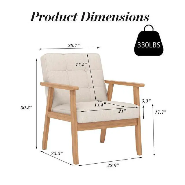 Alt view image 3 of 7 - Mid-Century Modern Linen Fabric Accent Chair Set of 2, Upholstered Tufted Leisure Chair Comfy Reading Side Chair with Armrest and Solid Wood Frame for Living Room Bedroom Balcony(Beige)
