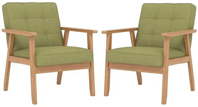 Main image of Mid-Century Modern Linen Fabric Accent Chair Set of 2, Upholstered Tufted Leisure Chair Comfy Reading Side Chair with Armrest and Solid Wood Frame for Living Room Bedroom Balcony(Green)