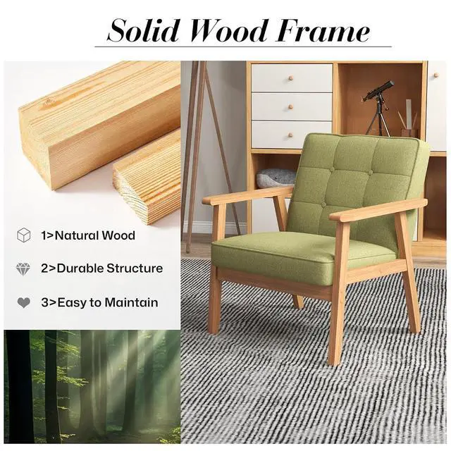 Alt view image 7 of 7 - Mid-Century Modern Linen Fabric Accent Chair Set of 2, Upholstered Tufted Leisure Chair Comfy Reading Side Chair with Armrest and Solid Wood Frame for Living Room Bedroom Balcony(Green)