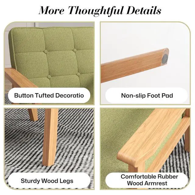 Alt view image 6 of 7 - Mid-Century Modern Linen Fabric Accent Chair Set of 2, Upholstered Tufted Leisure Chair Comfy Reading Side Chair with Armrest and Solid Wood Frame for Living Room Bedroom Balcony(Green)