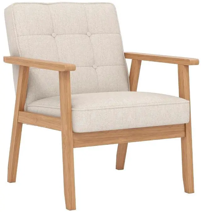 Main image of Mid-Century Modern Linen Fabric Accent Chair, Upholstered Tufted Leisure Chair Comfy Reading Side Chair with Armrest and Solid Wood Frame for Living Room Bedroom Balcony(Beige)
