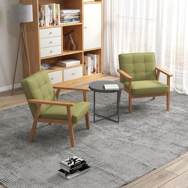 Alt view image 2 of 7 - Mid-Century Modern Linen Fabric Accent Chair Set of 2, Upholstered Tufted Leisure Chair Comfy Reading Side Chair with Armrest and Solid Wood Frame for Living Room Bedroom Balcony(Green)
