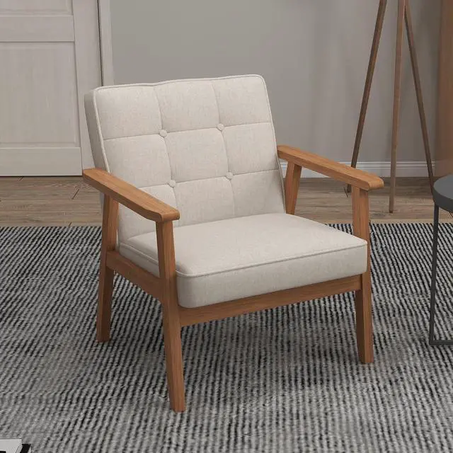 Alt view image 2 of 7 - Mid-Century Modern Linen Fabric Accent Chair, Upholstered Tufted Leisure Chair Comfy Reading Side Chair with Armrest and Solid Wood Frame for Living Room Bedroom Balcony(Beige)