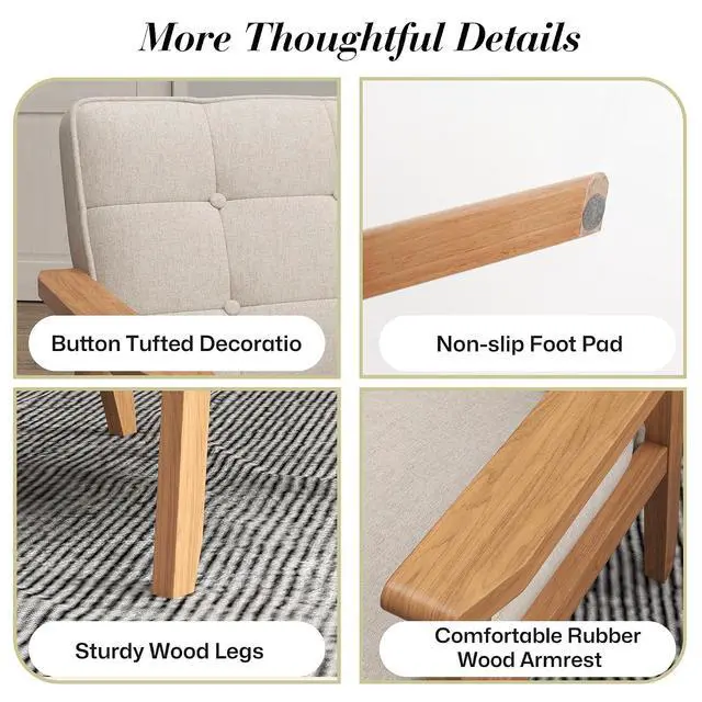 Alt view image 6 of 7 - Mid-Century Modern Linen Fabric Accent Chair Set of 2, Upholstered Tufted Leisure Chair Comfy Reading Side Chair with Armrest and Solid Wood Frame for Living Room Bedroom Balcony(Beige)