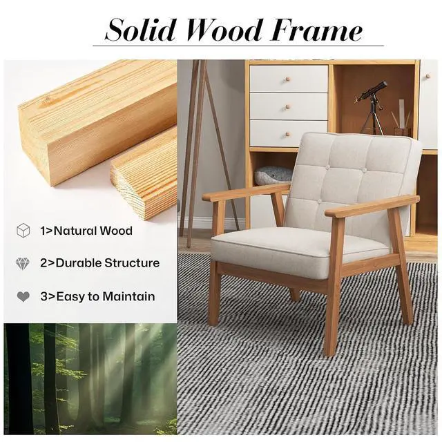 Alt view image 7 of 7 - Mid-Century Modern Linen Fabric Accent Chair Set of 2, Upholstered Tufted Leisure Chair Comfy Reading Side Chair with Armrest and Solid Wood Frame for Living Room Bedroom Balcony(Beige)