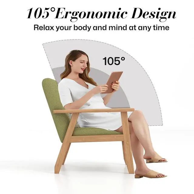 Alt view image 4 of 7 - Mid-Century Modern Linen Fabric Accent Chair, Upholstered Leisure Chair Comfy Reading Side Chair with Armrest and Solid Wood Frame for Living Room Bedroom Balcony(Green)
