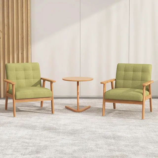 Alt view image 3 of 7 - Mid-Century Modern Linen Fabric Accent Chair, Upholstered Leisure Chair Comfy Reading Side Chair with Armrest and Solid Wood Frame for Living Room Bedroom Balcony(Green)