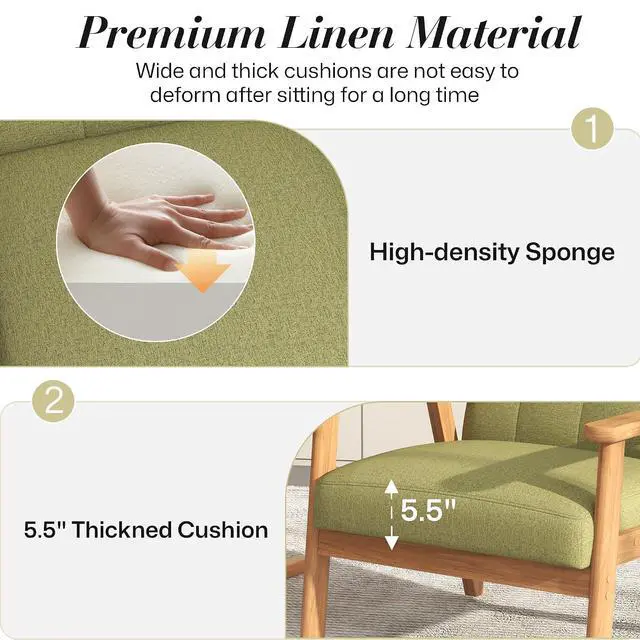 Alt view image 6 of 7 - Mid-Century Modern Linen Fabric Accent Chair, Upholstered Leisure Chair Comfy Reading Side Chair with Armrest and Solid Wood Frame for Living Room Bedroom Balcony(Green)