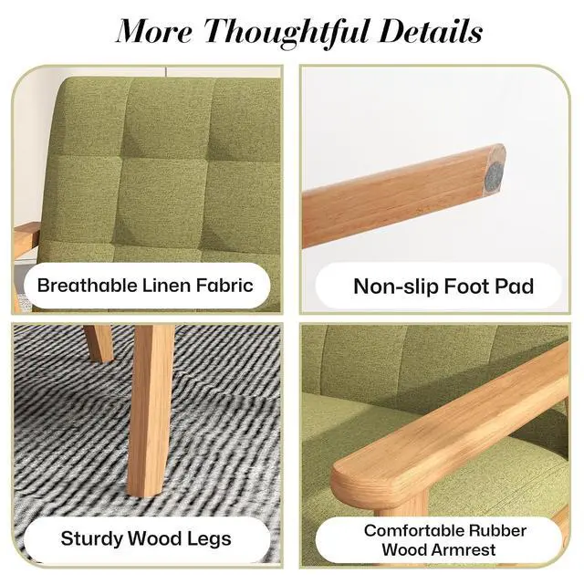 Alt view image 7 of 7 - Mid-Century Modern Linen Fabric Accent Chair, Upholstered Leisure Chair Comfy Reading Side Chair with Armrest and Solid Wood Frame for Living Room Bedroom Balcony(Green)
