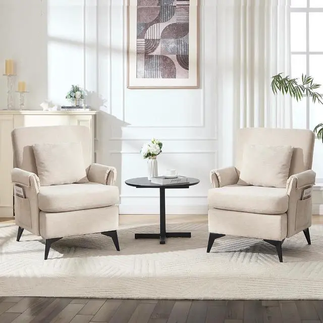 Alt view image 4 of 7 - Accent Chair 1pcs, Upholstered Armchair Club Reading Chair Mid-Century Modern Chair with Pillow for Living Room/Bedroom(Beige)