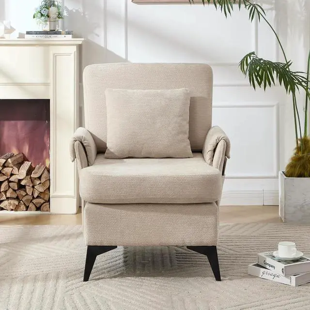 Alt view image 7 of 7 - Accent Chair 1pcs, Upholstered Armchair Club Reading Chair Mid-Century Modern Chair with Pillow for Living Room/Bedroom(Beige)