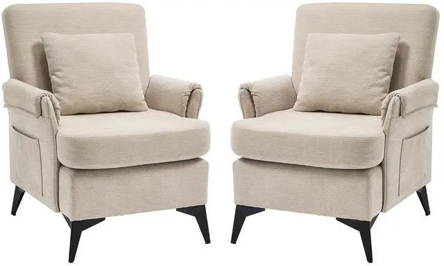 Main image of Accent Chair Set of 2, Upholstered Armchair Club Reading Chair Mid-Century Modern Chair with Pillow for Living Room/Bedroom(Beige)