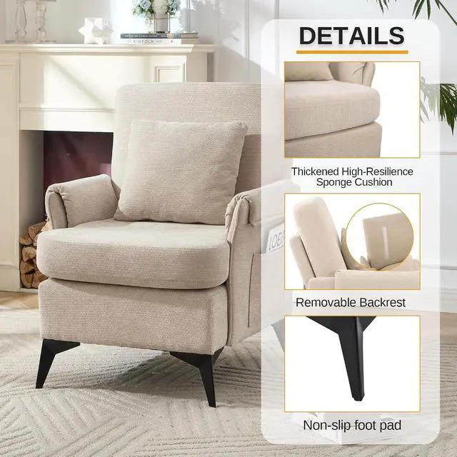 Alt view image 6 of 7 - Accent Chair 1pcs, Upholstered Armchair Club Reading Chair Mid-Century Modern Chair with Pillow for Living Room/Bedroom(Beige)