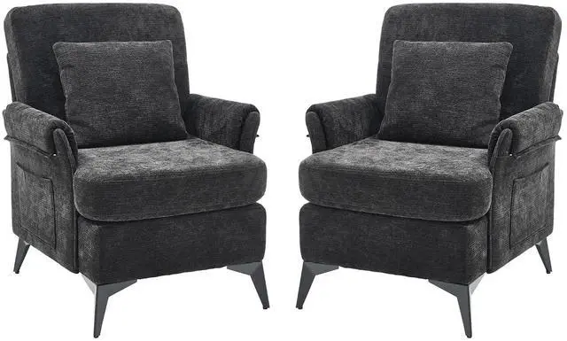 Main image of Accent Chair Set of 2, Upholstered Armchair Club Reading Chair Mid-Century Modern Chair with Pillow for Living Room/Bedroom(Black)