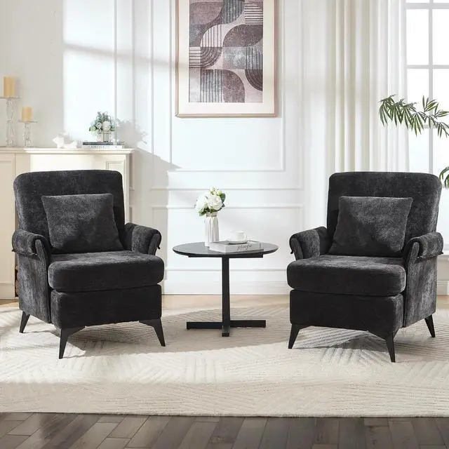Alt view image 2 of 7 - Accent Chair Set of 2, Upholstered Armchair Club Reading Chair Mid-Century Modern Chair with Pillow for Living Room/Bedroom(Black)
