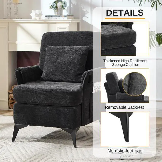 Alt view image 5 of 7 - Accent Chair Set of 2, Upholstered Armchair Club Reading Chair Mid-Century Modern Chair with Pillow for Living Room/Bedroom(Black)